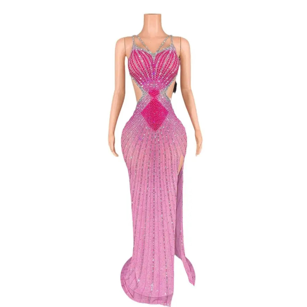 A shimmering pink sling super shiny beaded evening gown with light diamond detailing and intricate silver sequins