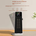 Small air conditioner feet tower heater in black and white with digital display showing temperature settings
