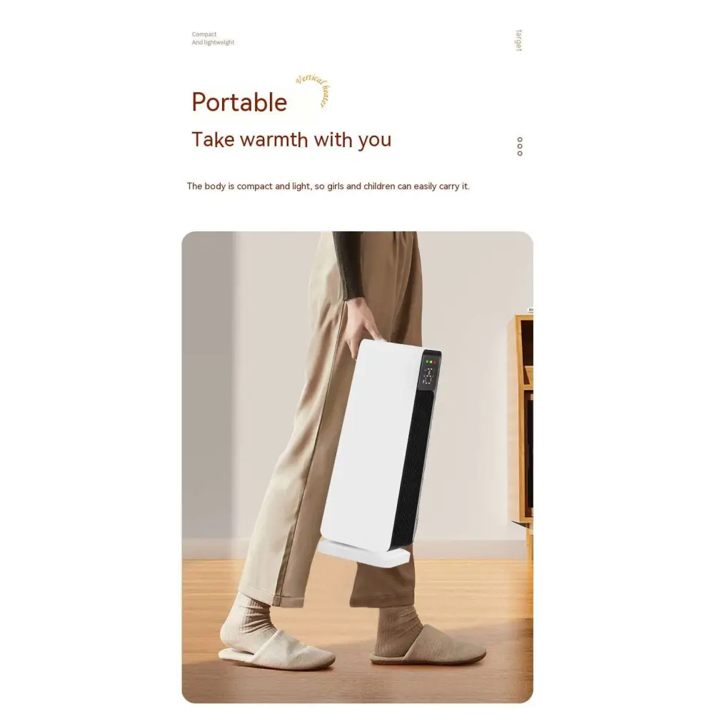 White and black feet tower heater with sleek vertical design and digital display for small air conditioner use