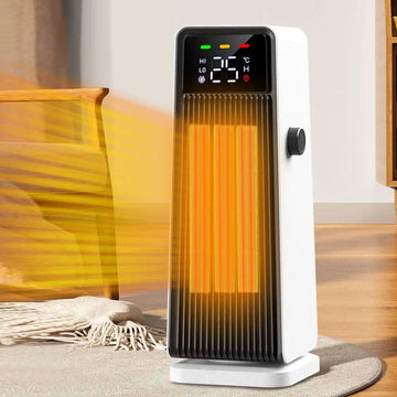 White tower-style feet tower heater with digital display showing 25c and glowing orange heating elements small air conditioner