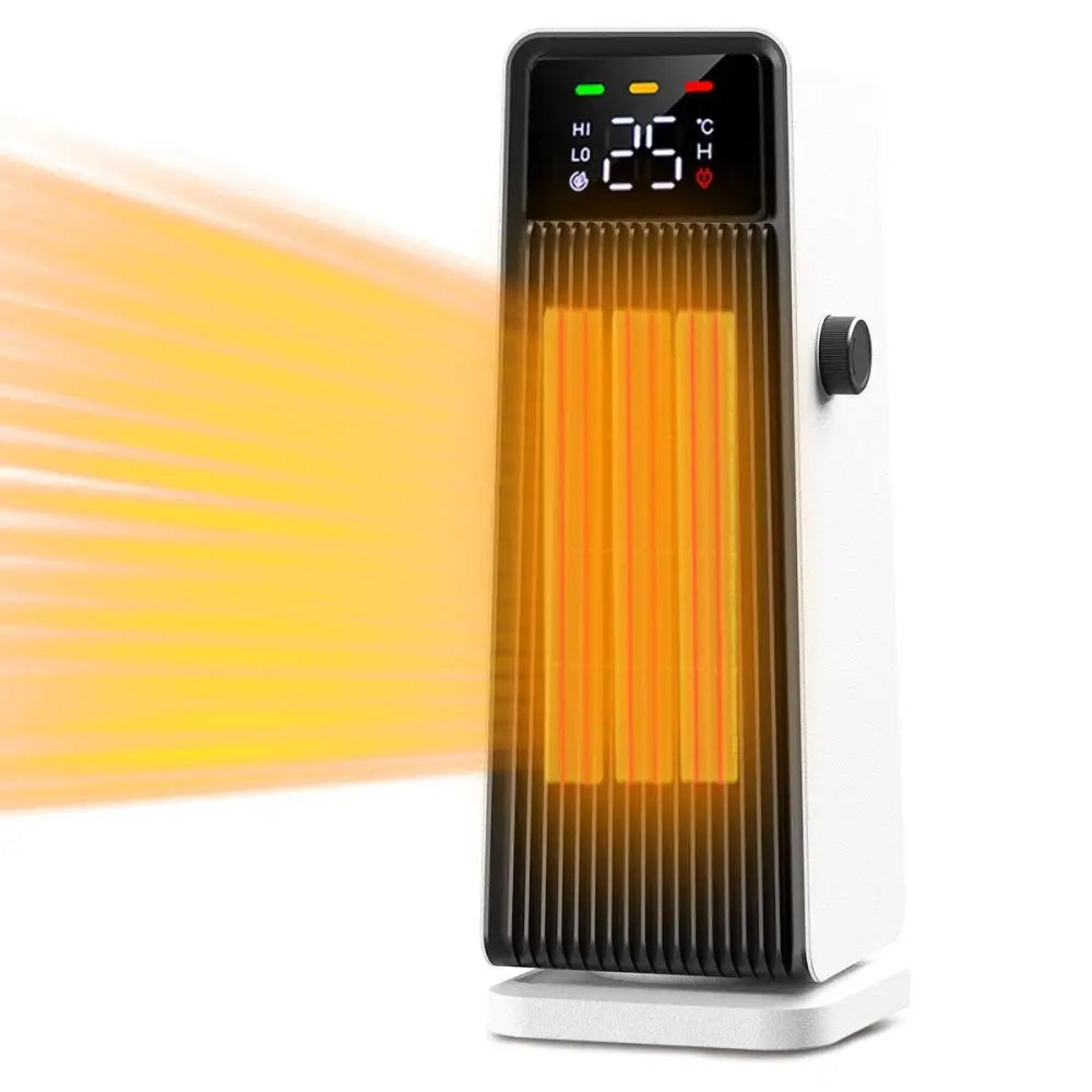 White tower-style feet tower heater with digital display showing 25c and glowing orange heating elements small air conditioner