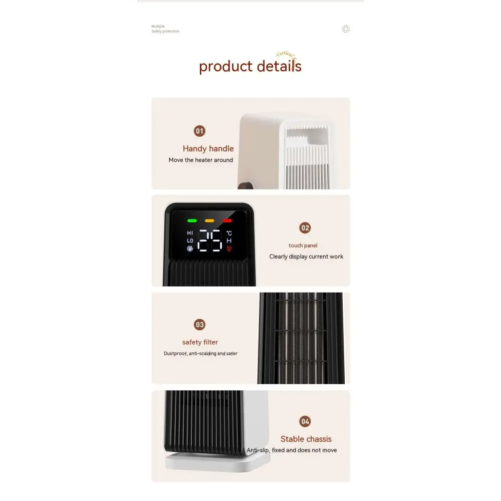 Black and white feet tower heater with digital display and sturdy base for stability in a small air conditioner design