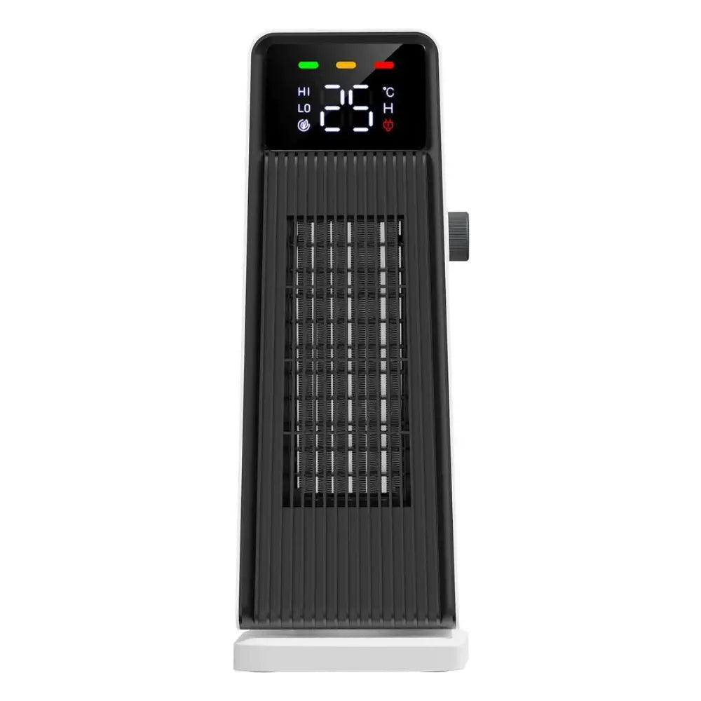 Black and white feet tower heater with digital display showing temperature settings for small air conditioner use