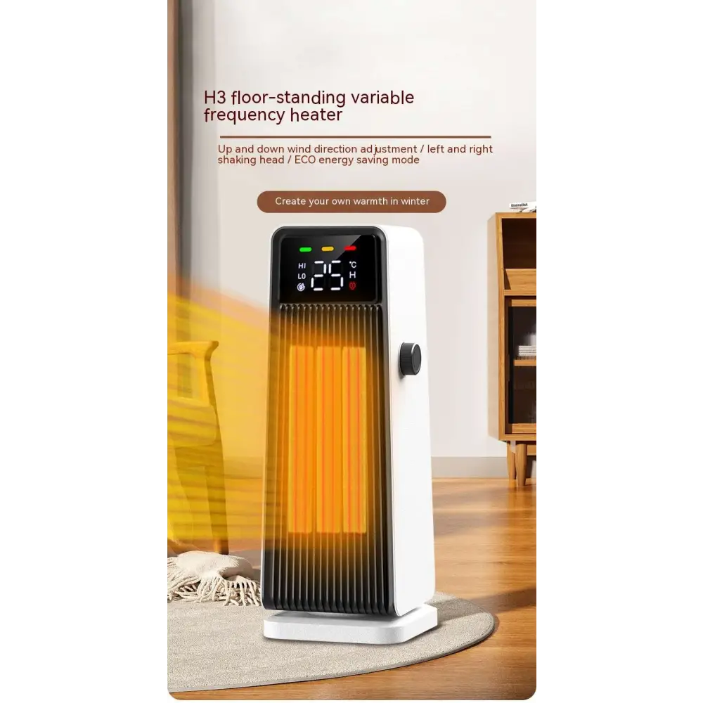 White and black h3 feet tower heater with digital display showing 25°c small air conditioner for warm feet