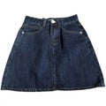 Small denim skirt in summer dark blue with classic five-pocket design and white button closure made of denim