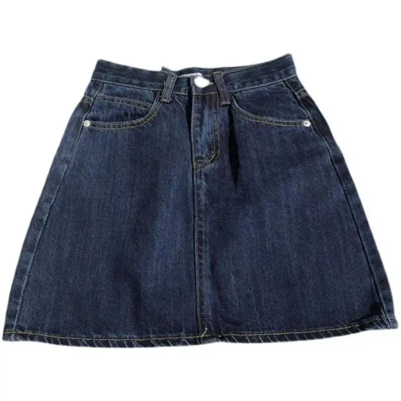 Small denim skirt in summer dark blue with classic five-pocket design and white button closure made of denim