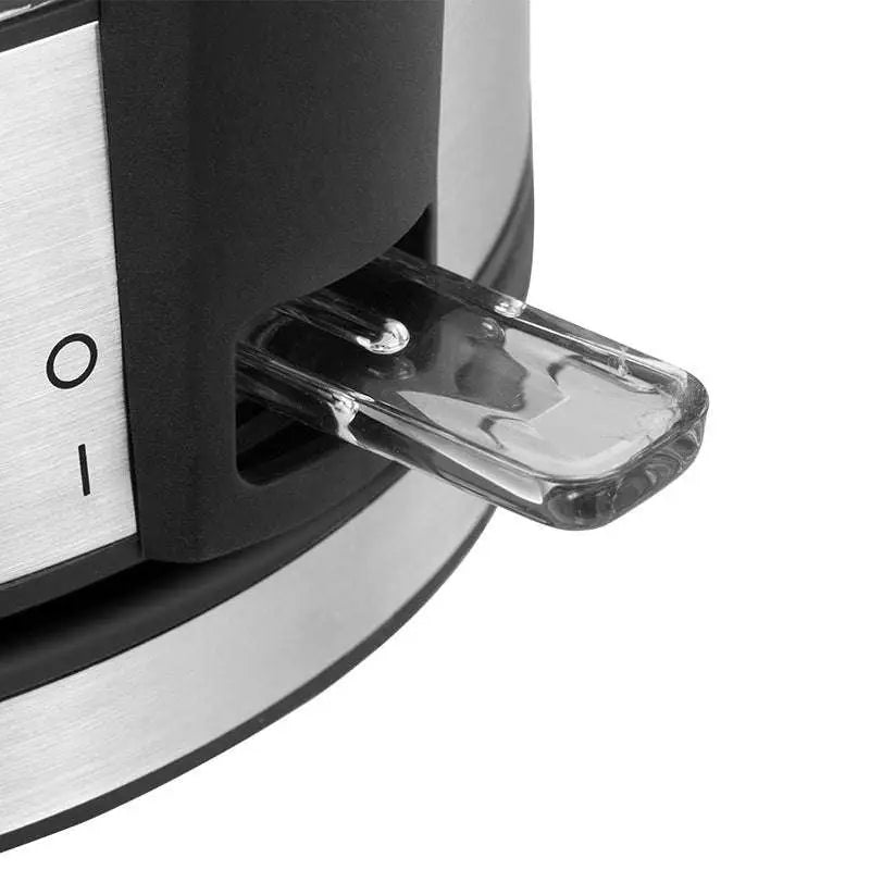 A small glass electric kettle with a red led light and a stainless steel base featuring a transparent water spout