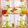 Small household juicer in bright green and white with transparent fruit chute and collection container designed for lemon orange juice