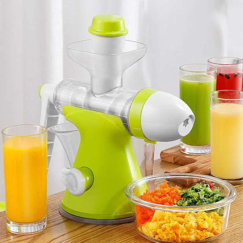 Small household juicer in bright lime green and white with clear plastic chute and collection container designed for lemon orange juice