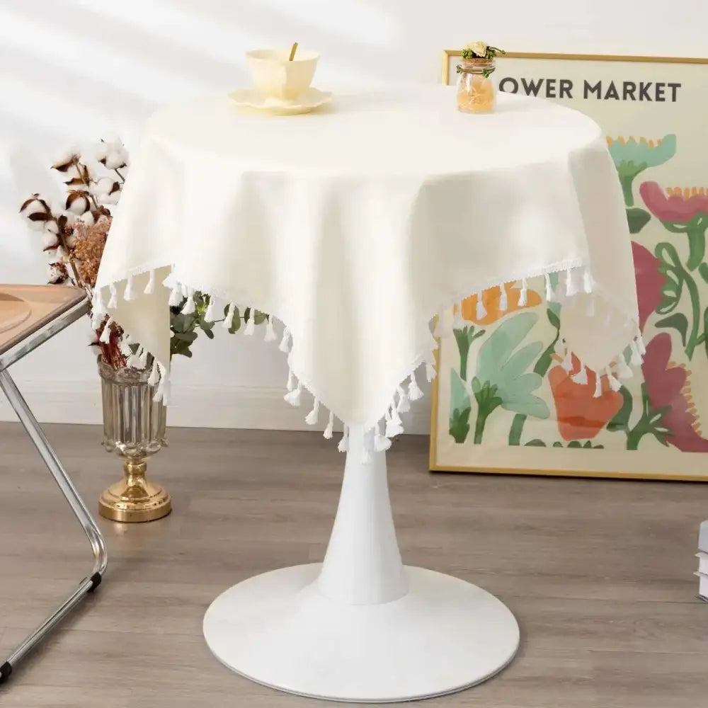 Small square tablecloth solid ivory with tassels on white tablecloth 36 x 36 inch for elegant decor
