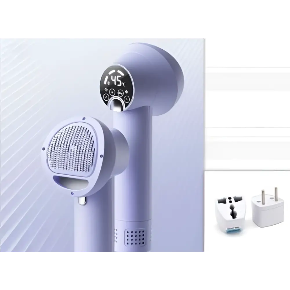 Lavender-colored smart 2-in-1 pet hair dryer with digital display and textured nozzle for efficient drying