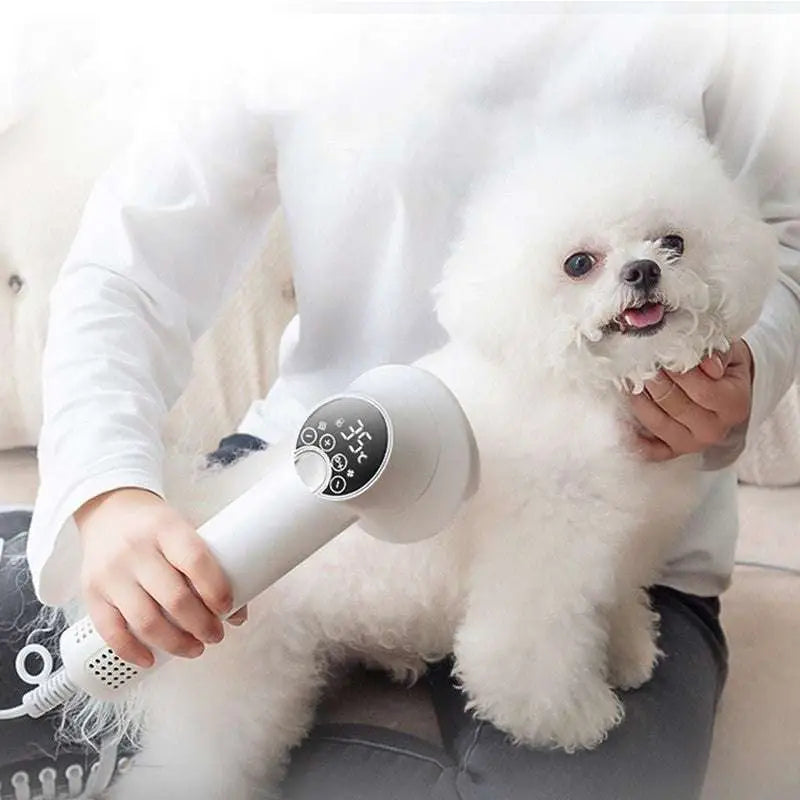 White smart 2-in-1 pet hair dryer with digital display and control buttons for efficient grooming and drying