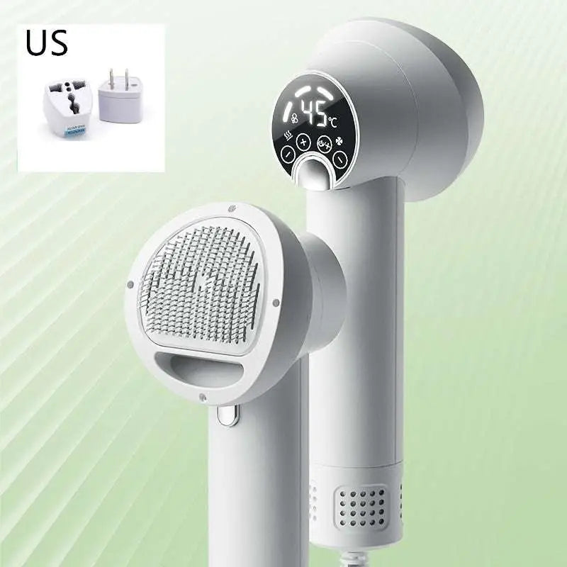 White smart 2-in-1 pet hair dryer with mesh attachment and digital display for precise temperature control