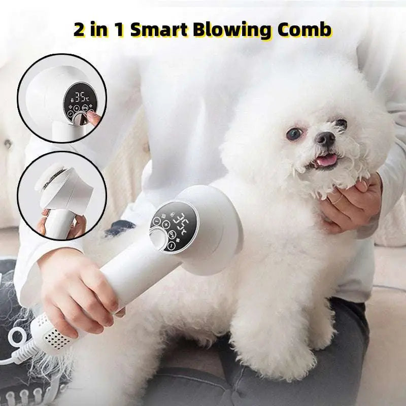 White smart 2-in-1 pet hair dryer with comb attachment and digital display for precise temperature control