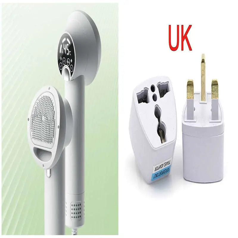 White smart 2-in-1 pet hair dryer with digital display and matching uk plug adapter for efficient grooming