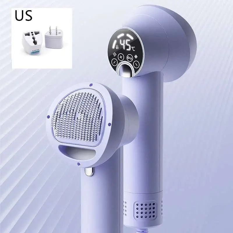 A sleek lavender smart 2-in-1 pet hair dryer with digital display showing 45°c and multiple control buttons