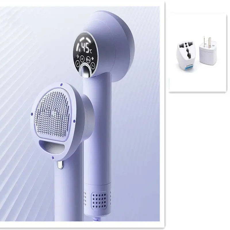 Lavender-colored smart 2-in-1 pet hair dryer with digital display and detachable brush attachment for easy grooming