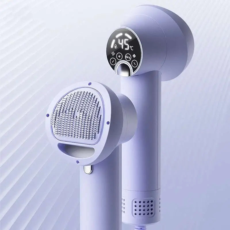 Lavender smart 2-in-1 pet hair dryer with digital display and interchangeable brush attachments for efficient grooming