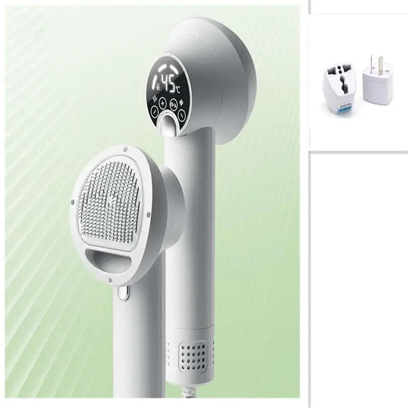 White smart 2-in-1 pet hair dryer with digital display and interchangeable attachments for efficient grooming