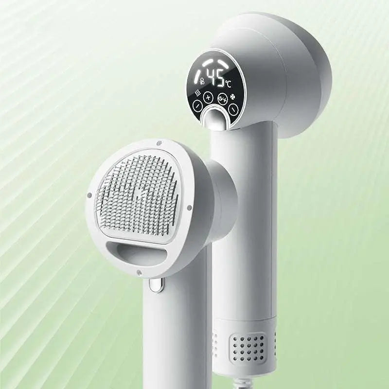 White smart 2-in-1 pet hair dryer with digital display 45°c and dual-function brush and drying head