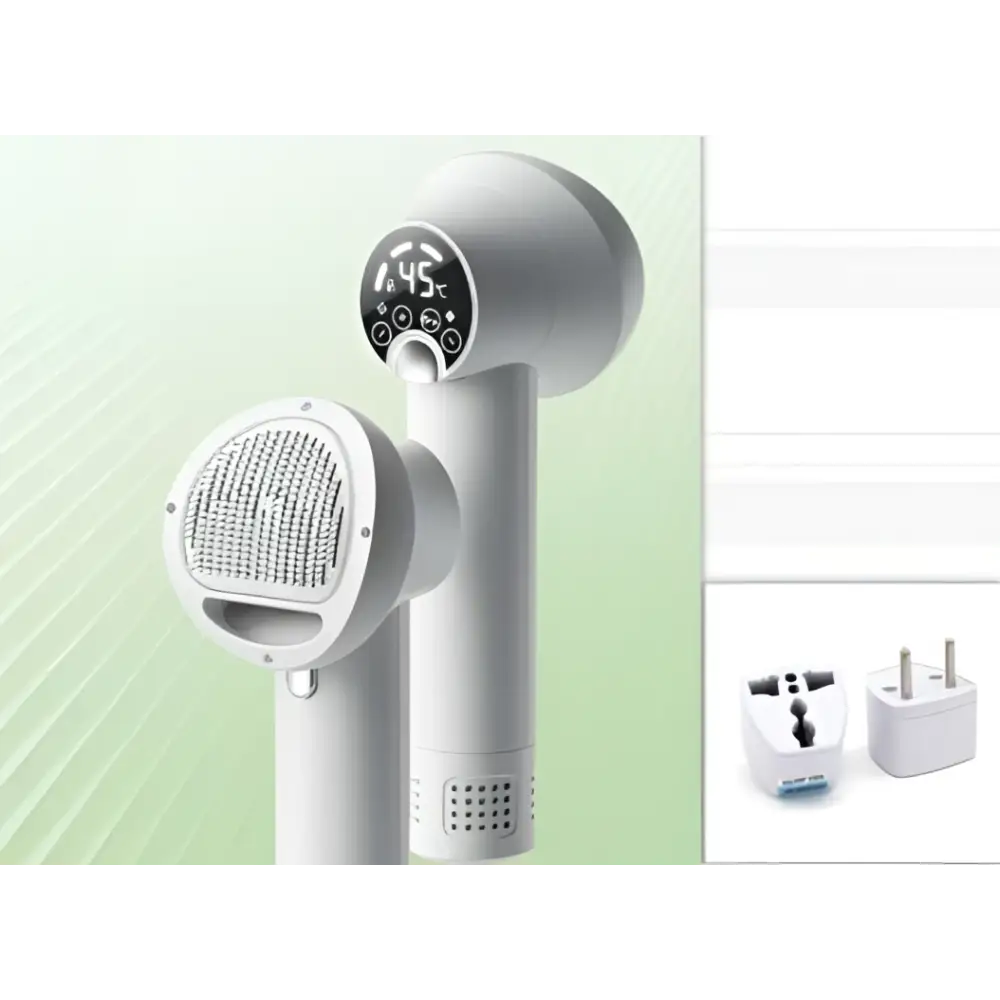White smart 2-in-1 pet hair dryer with a circular digital display and mesh grille on the nozzle for efficient drying
