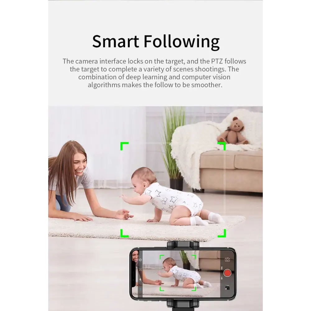 A smartphone mounted on a black tripod featuring smart ai gimbal technology for apai genie live video tracking