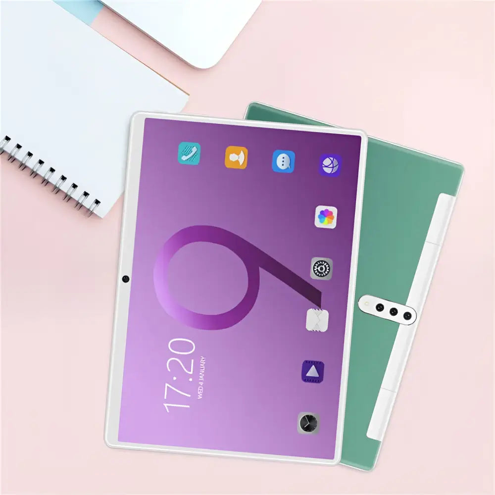 White-framed smart android entertainment 3g calling tablet pc with purple gradient screen and vertical camera module