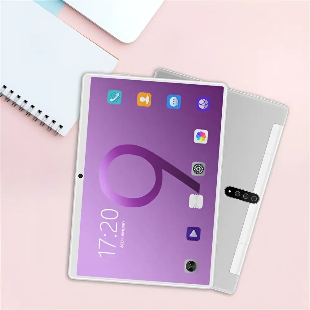 Silver-framed smart android entertainment 3g calling tablet pc with purple gradient screen and matching silver case