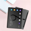 Black tablet with sleek minimalist design and glossy finish featuring vertical camera module and purple gradient screen