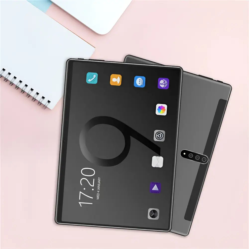 Black tablet with sleek minimalist design and glossy finish featuring vertical camera module and purple gradient screen