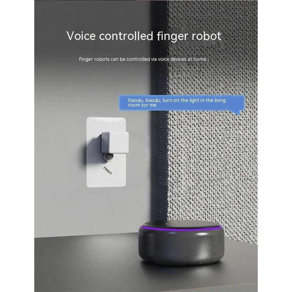 Black cylindrical smart bluetooth finger robot with glowing purple ring and voice control applications