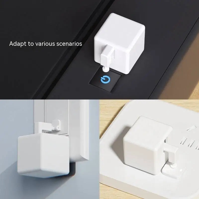 White cube-shaped smart bluetooth finger robot plug with voice control and a tab for easy attachment to surfaces