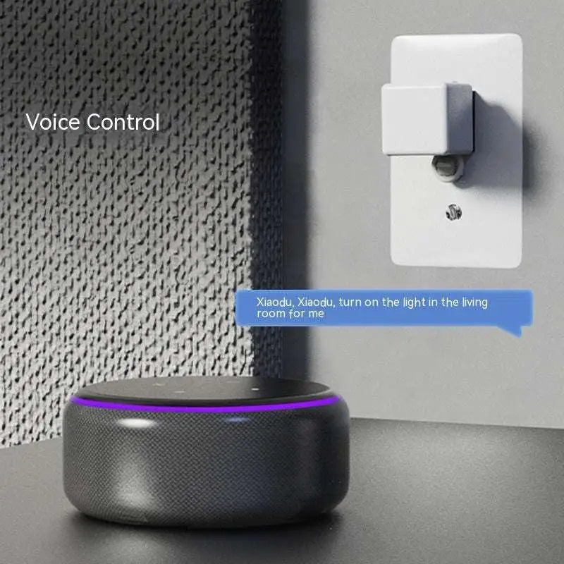 Black cylindrical smart bluetooth finger robot with textured surface and glowing purple ring for voice control applications