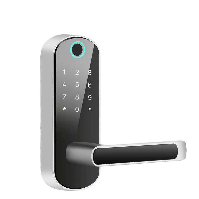Modern silver-framed smart bluetooth fingerprint lock with black digital keypad and sleek handle for secure access