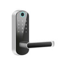 Modern silver-framed smart bluetooth fingerprint lock with black digital keypad and sleek handle for secure access