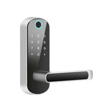 Modern silver-framed smart bluetooth fingerprint lock with black digital keypad and sleek handle for secure access