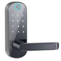 Black smart bluetooth fingerprint lock with glossy finish featuring illuminated blue button and digital keypad