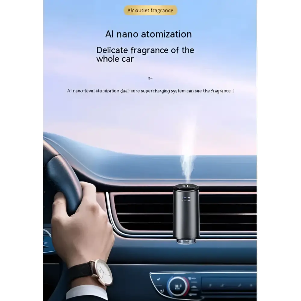 Black cylindrical smart car aroma diffuser with sleek metallic finish and led mist function emitting fine mist from top