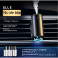 Black and gold smart car aroma diffuser with blue led mist lighting at base for refreshing vehicle air quality