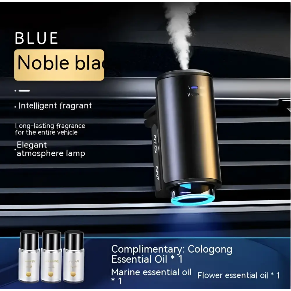 Smart car aroma diffuser in black and gold cylindrical design with blue led mist function for vehicle use