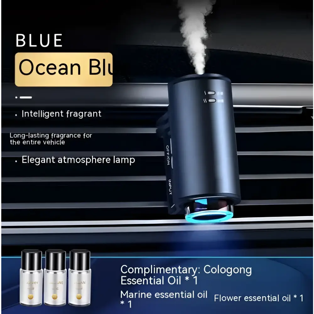 Black cylindrical smart car aroma diffuser with blue led mist function for continuous fragrance in vehicles