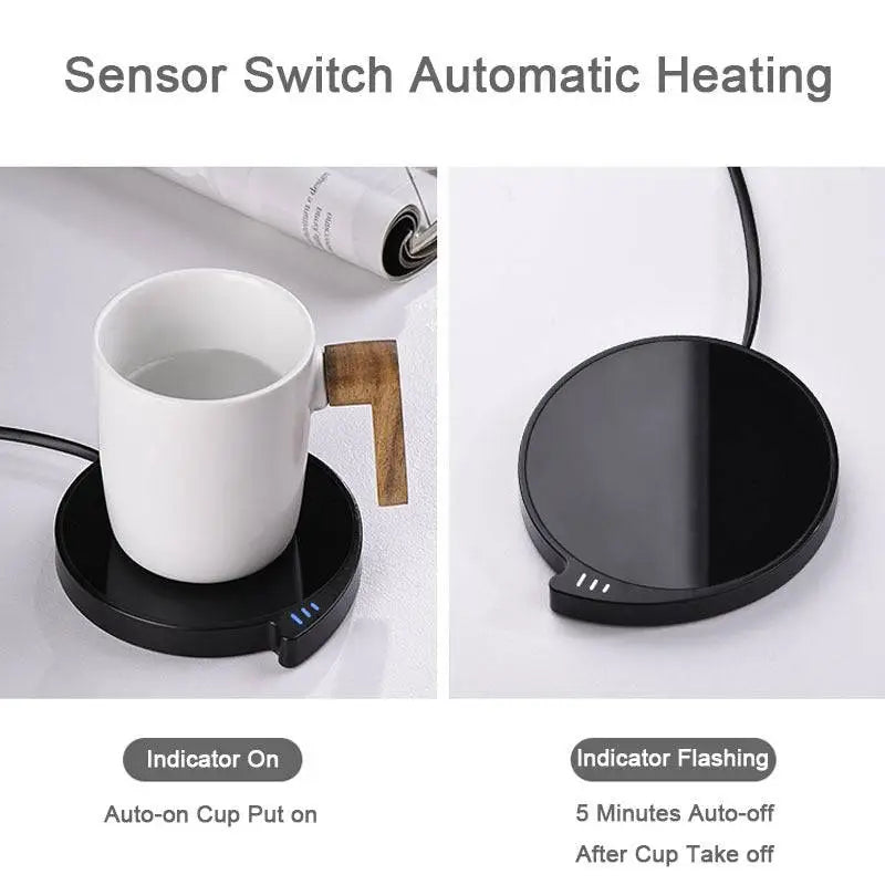 Black circular smart coffee mug warmer with sensor switch, indicator lights, and three temperature settings
