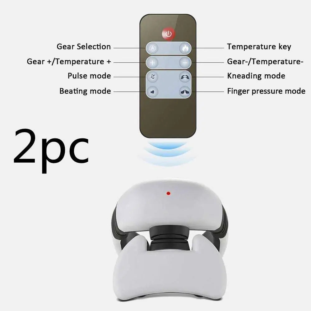 White and black ergonomic smart electric pulse neck massage relief tool with remote control featuring massage modes
