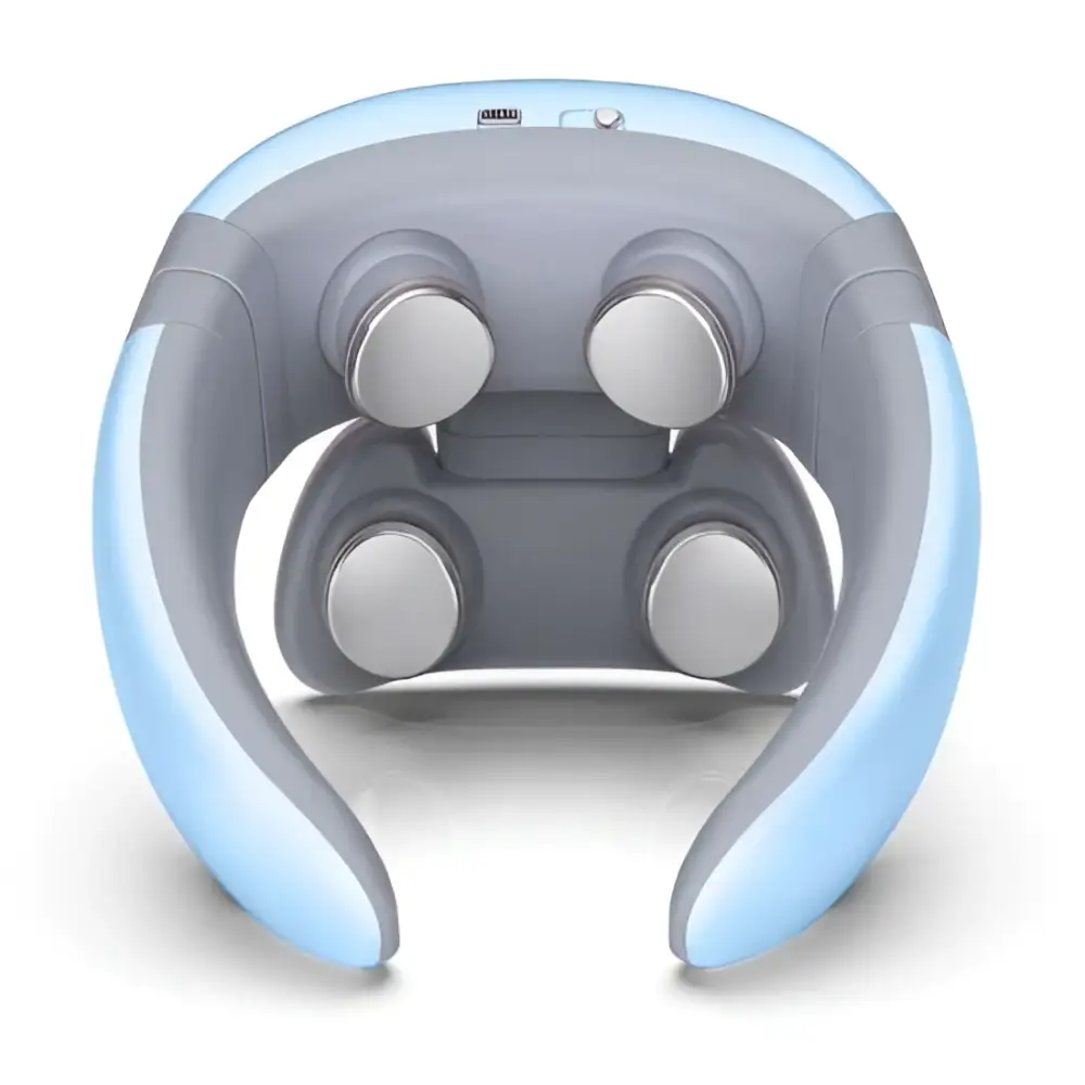 Light blue and gray smart electric pulse neck massage relief tool with four circular massage heads for pulse neck massage