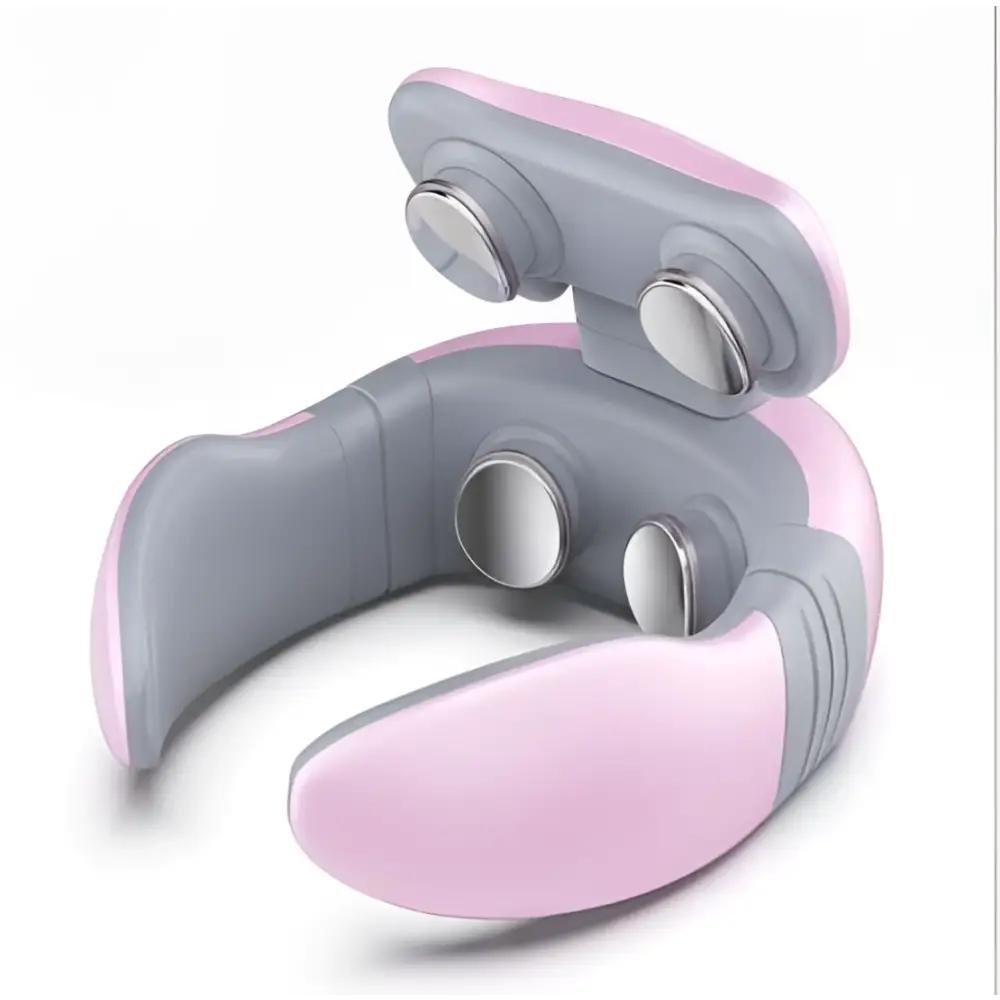 Pink and gray smart electric pulse neck massage relief tool with four circular massage heads for pulse neck massage