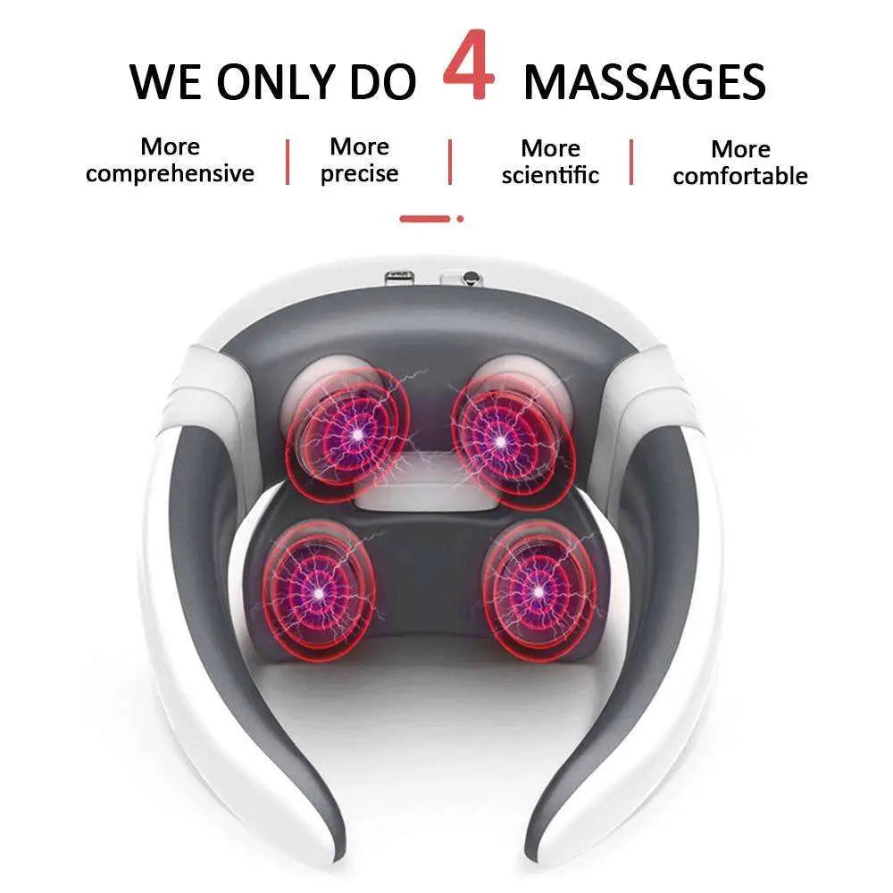 White and gray smart electric pulse neck massage relief tool with four glowing red circular pulse neck massage heads