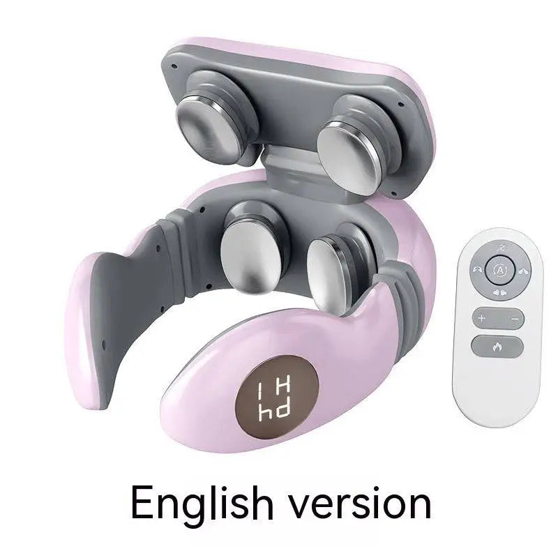 Smart electric pulse pink and gray neck massage relief tool with four silver massage heads for pulse neck massage therapy