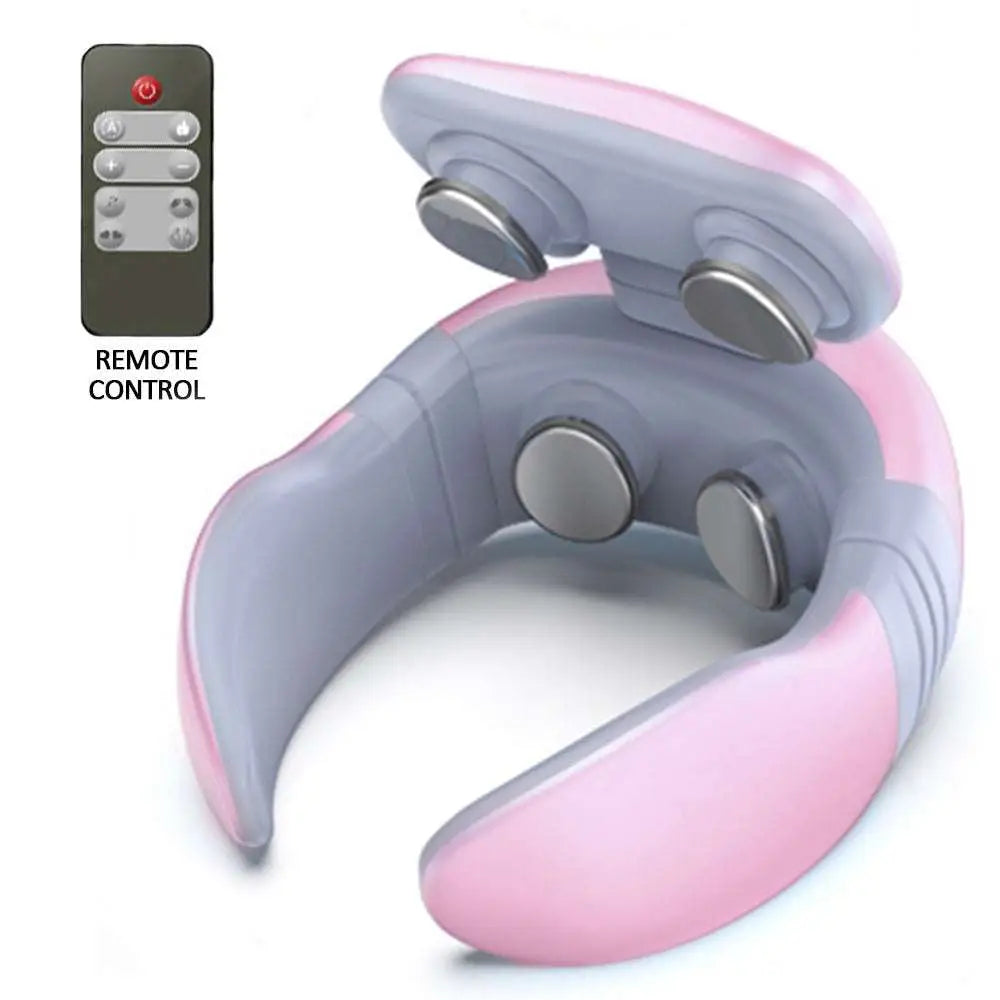 Pink and gray smart electric pulse neck massage relief tool with four circular massage heads for pulse neck massage