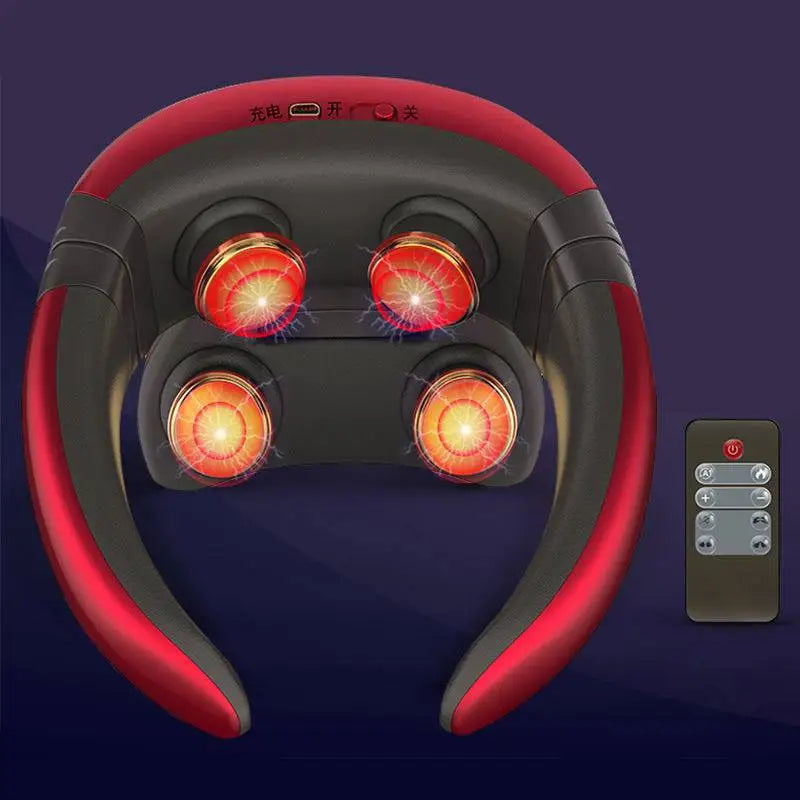 Smart electric pulse red and black neck massage relief tool with four glowing orange pulse neck massage heads