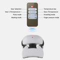White and black ergonomic smart electric pulse neck massage relief tool with remote control featuring labeled massage modes